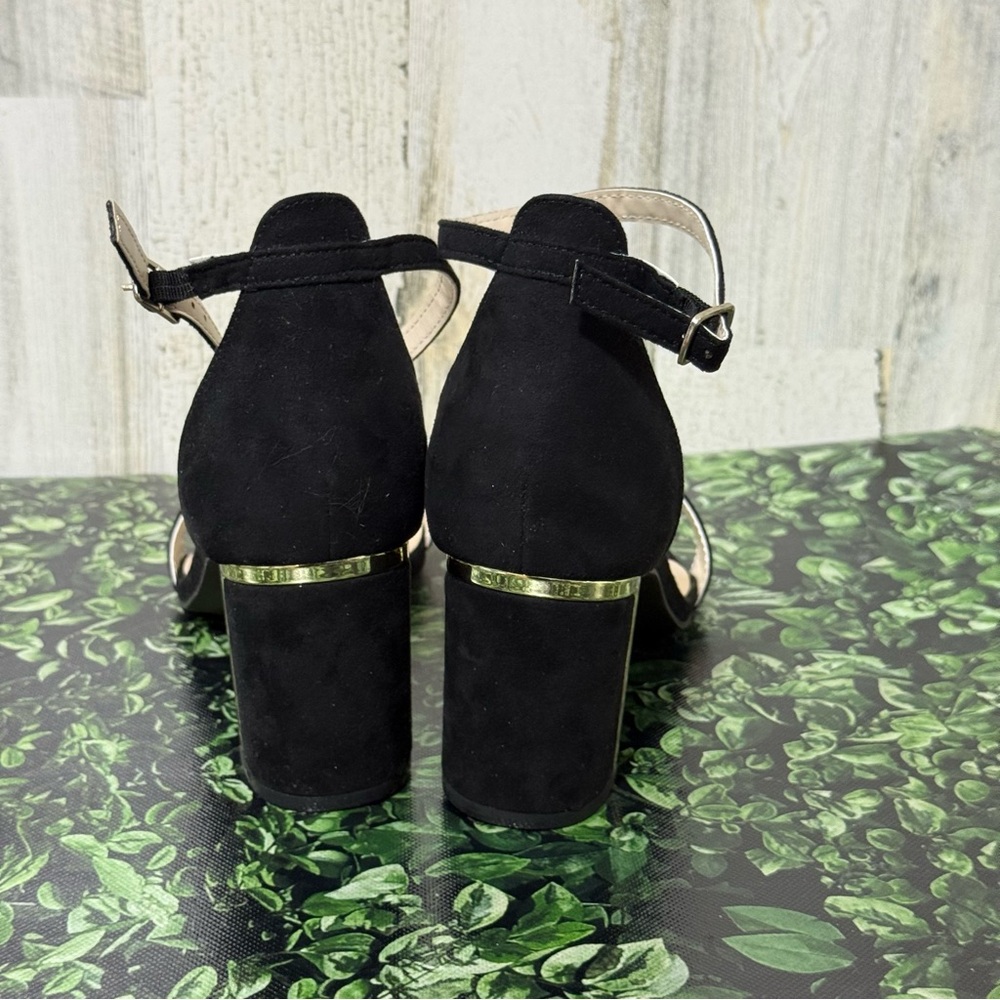 Jones New York Black Suede Heels with Ankle Strap with Gold Trim - Picture 12 of 13